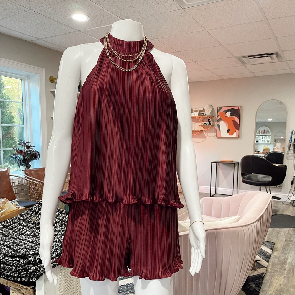 Two piece top and shorts set in burgundy